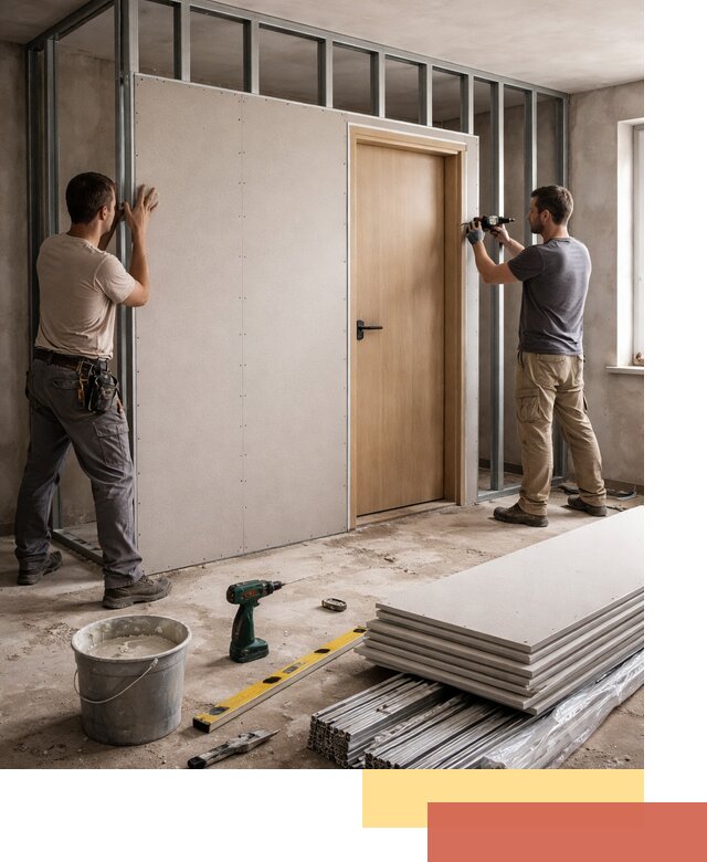 Перегородка из гипсокартона с дверью под ключ в октябрьском