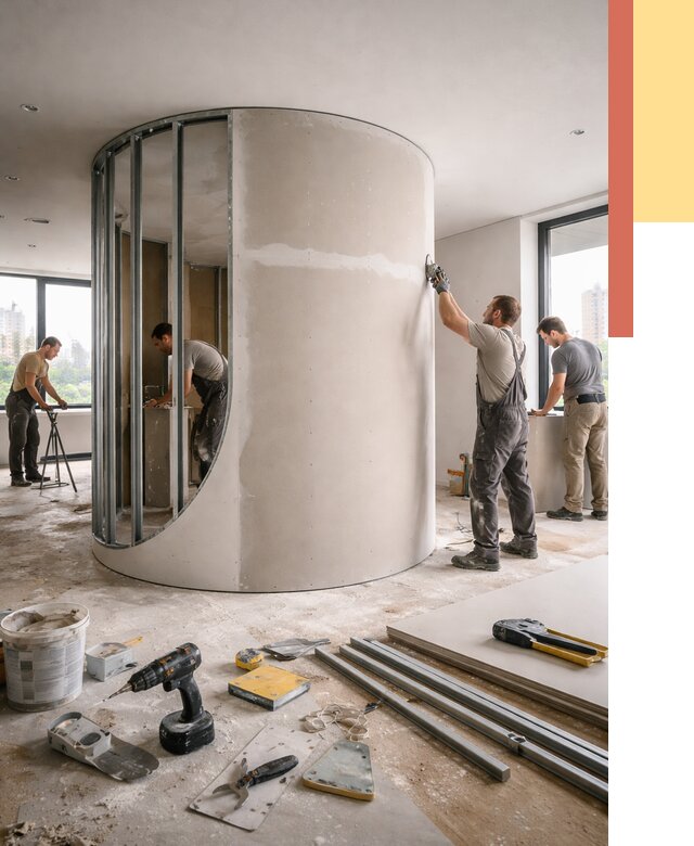 Радиусная перегородка из гипсокартона в октябрьском от 3004 руб. под ключ | ОТДЕЛОЧНИК-Ктб