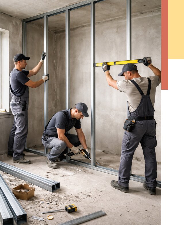 Монтаж каркаса перегородки из профиля в октябрьском от 777 руб. | ОТДЕЛОЧНИК-Ктб