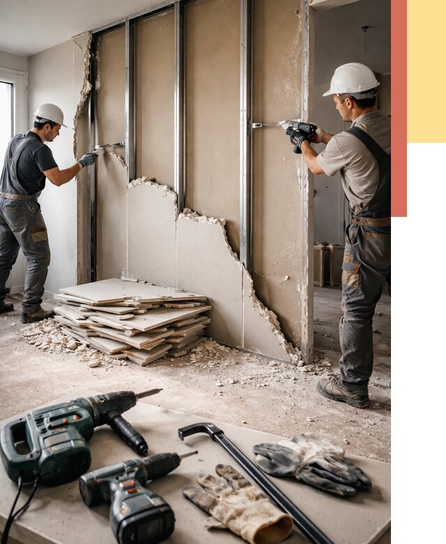 Демонтаж перегородки из гипсокартона в октябрьском от 1243 руб. быстро и недорого | ОТДЕЛОЧНИК-Ктб