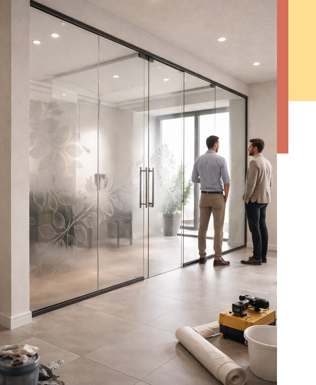 Стеклянные перегородки с рисунком в октябрьском от 12946 руб. монтаж и нанесение | ОТДЕЛОЧНИК-Ктб