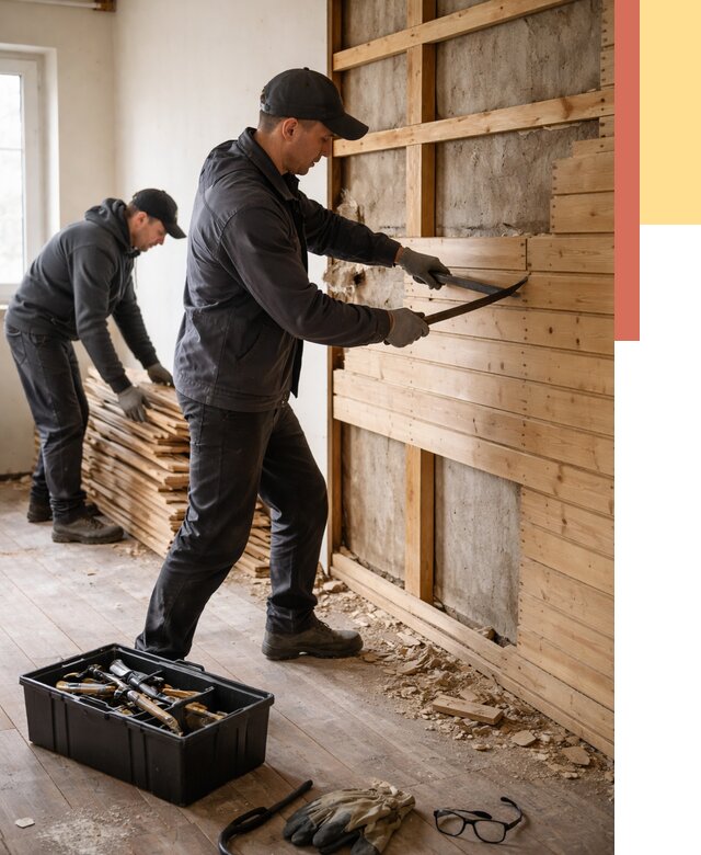 Демонтаж вагонки в октябрьском от 3936 руб/м2 — быстро и недорого | ОТДЕЛОЧНИК-Ктб