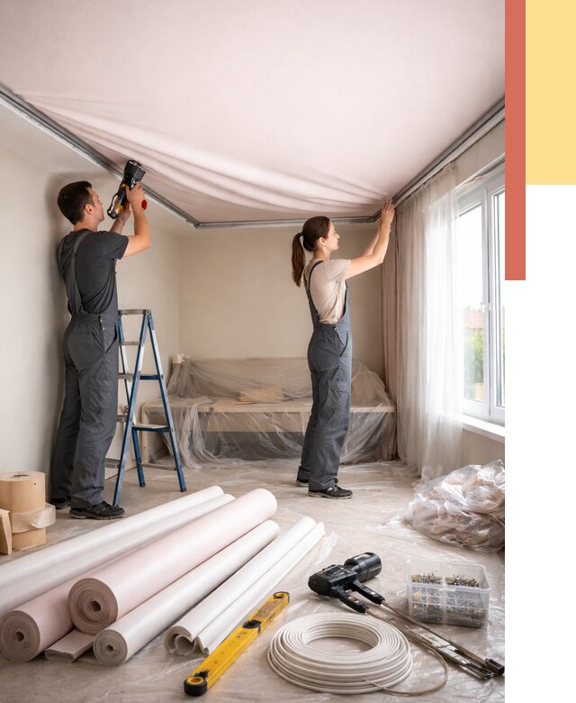 Монтаж цветного натяжного потолка в октябрьском от 4350 руб/м² — быстро и недорого | ОТДЕЛОЧНИК-Ктб