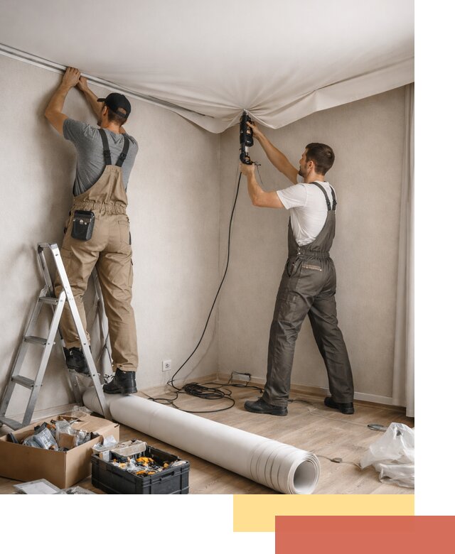 Монтаж цветного натяжного потолка в октябрьском за один день