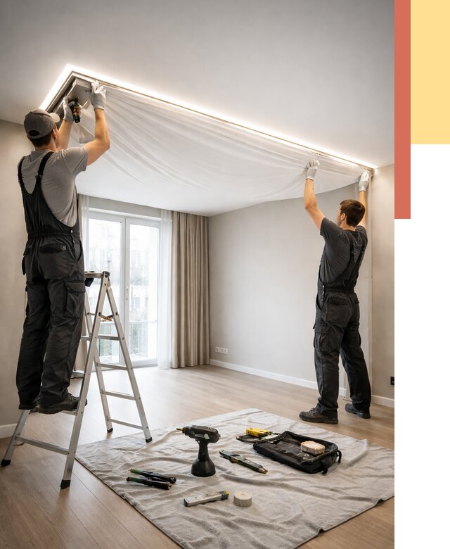 Монтаж парящего натяжного потолка в октябрьском от 4661 руб. быстро и недорого | ОТДЕЛОЧНИК-Ктб