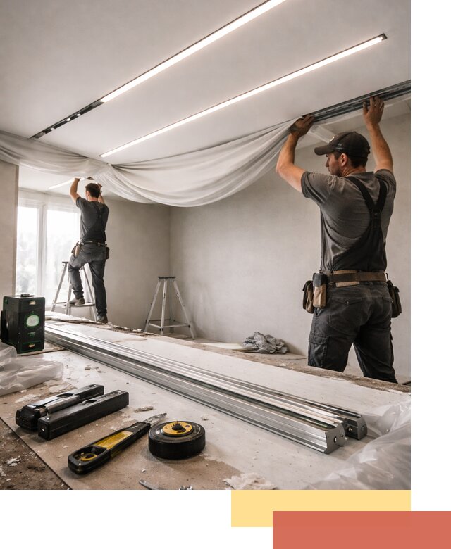 Монтаж натяжных потолков со световыми линиями в октябрьском