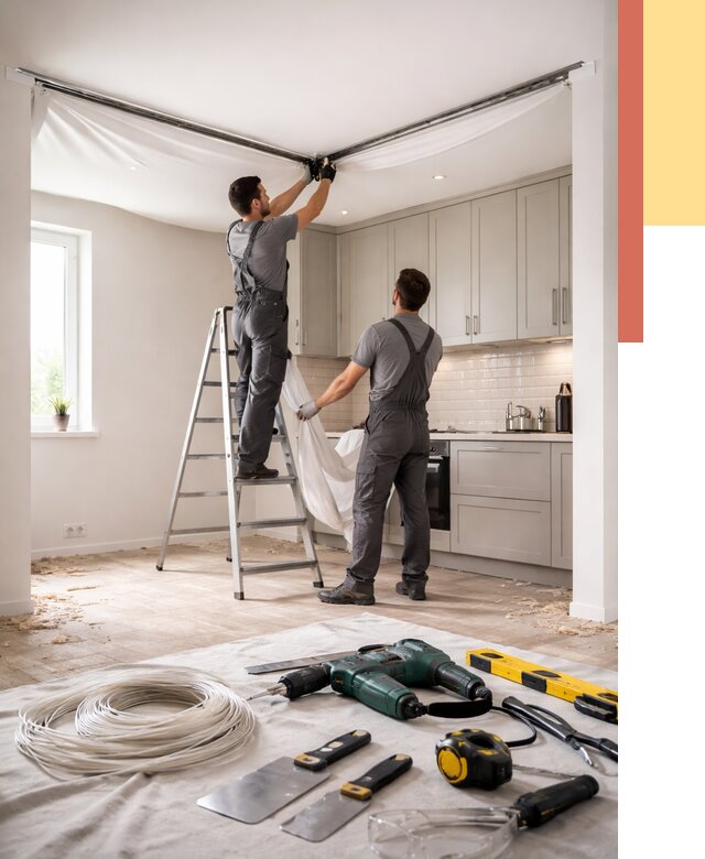 Установка натяжного потолка на кухне в октябрьском от 2486 руб. | ОТДЕЛОЧНИК-Ктб