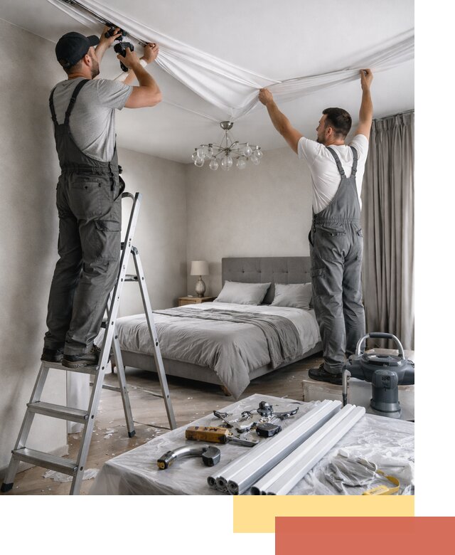 Монтаж натяжного потолка в спальне в октябрьском