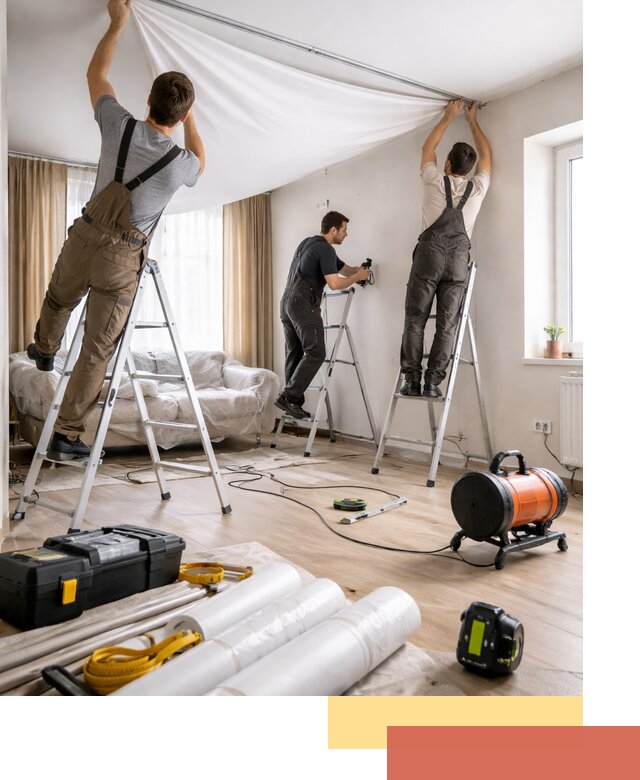 Монтаж натяжного потолка в гостиной в октябрьском