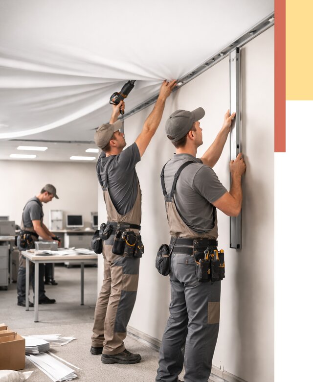 Монтаж натяжного потолка в офисе в октябрьском от 466 руб/м² — быстро и недорого | ОТДЕЛОЧНИК-Ктб