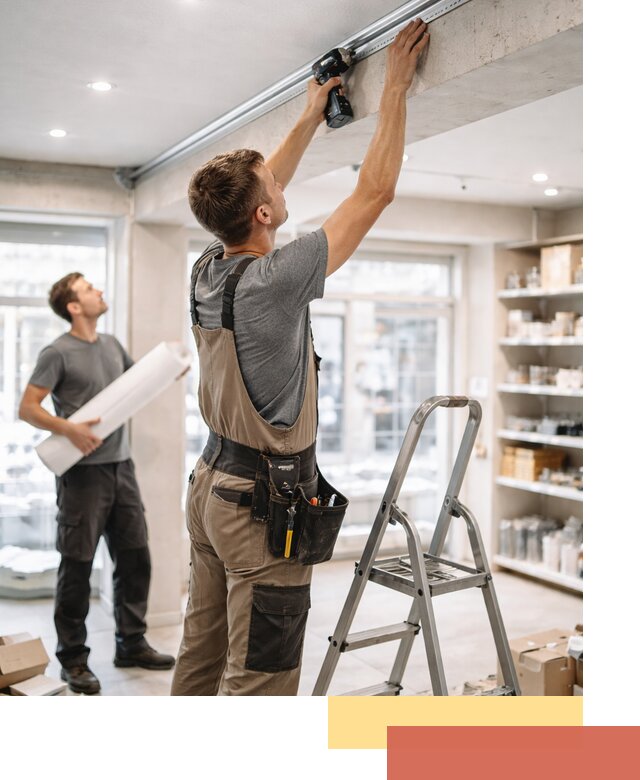 Монтаж натяжных потолков в магазине в октябрьском