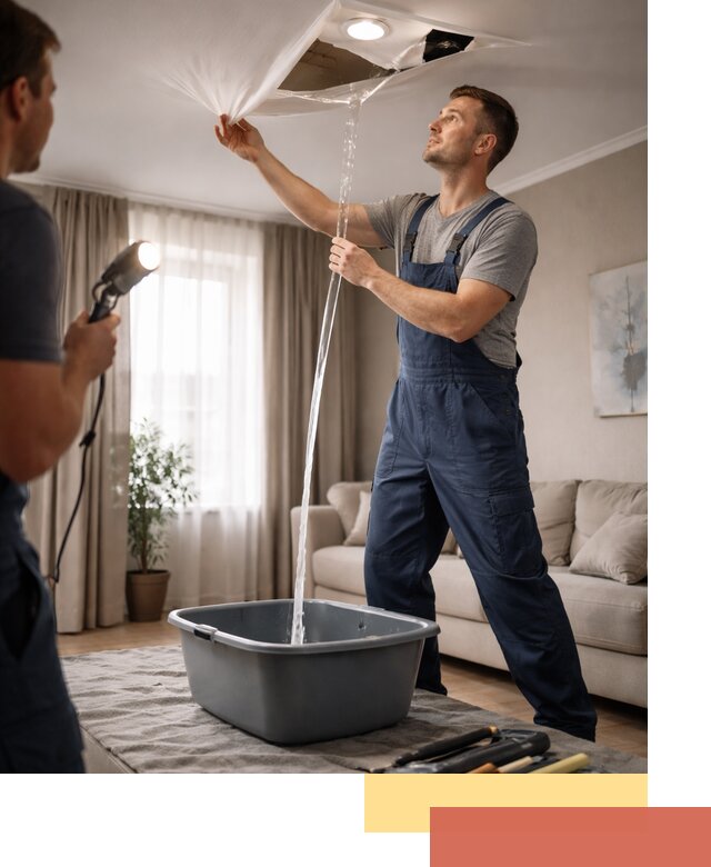 Слив воды с натяжного потолка в октябрьском быстро и аккуратно