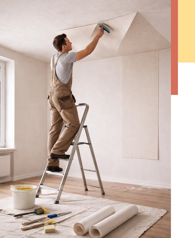 Поклейка обоев на потолок в октябрьском от 4661 руб. быстро и недорого | ОТДЕЛОЧНИК-Ктб